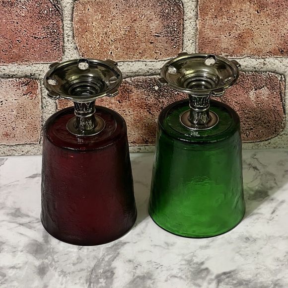 Amazon.com | Vintage Green Stemmed Goblets Set of 4, Fern  VTG Etched Metal Stem Textured Glass Goblets Green Ruby Red Leaf Details